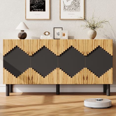 Buffet 140 x 40 x 70 cm - 4 portes Push-to-Open - 4 compartiments - MDF et PB - bois naturel et noir (1/5)