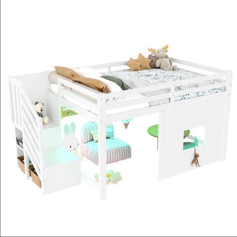 Lit mezzanine 140x200 avec escalier de rangement et fenêtre, structure robuste, gain de place pour chambre enfant, panneau bois, blanc (1/5)