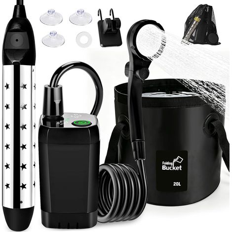 Douche de camping portable avec pompe, 6000 mAh, douche de camping avec fonction chauffante Seau pliable de 20 l avec indicateur de température pour extérieur, voyage, jardin, lavage de voiture (1/5)