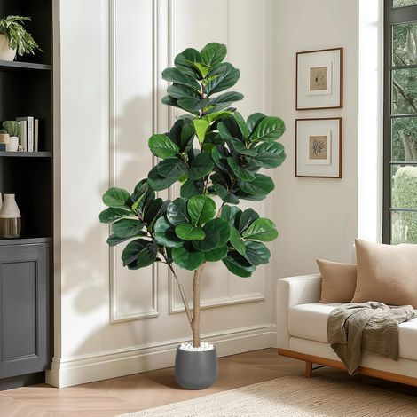 Arbre Ficus Lyrata Artificiel – Plante Décorative d’Intérieur Très Réaliste, Feuilles Denses, Facile à Monter, Idéal pour Salon ou Bureau, Pot Noir 20cm, Cadeau Crémaillère,150cm