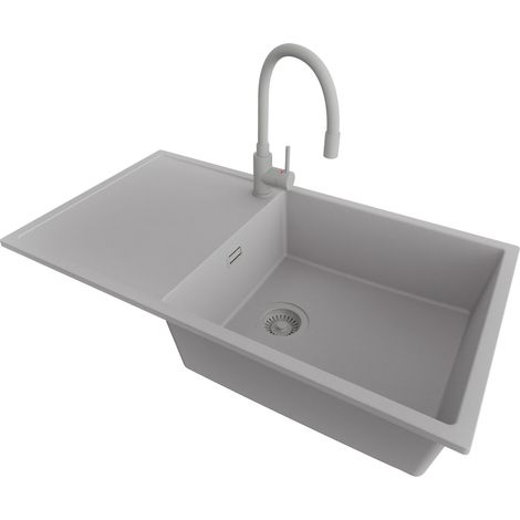 PRIMAGRAN Evier Cuisine en Granit 90x50cm,Lavabo 1 bac + Robinet 38x14cm + Kit de Vidage, Évier à Encastrer au meuble 60cm - Ibiza, Gris (1/5)