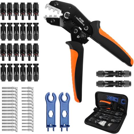 Kit de Pince à Sertir Solaire, Kit d'Outils de Sertissage Solaire pour Câbles PV de 2,5/4/6 mm² 12 Paires de Connecteurs Mâle/Femelle 14 Paires Connecteurs de Câble 2 Pièces de Clé (1/5)