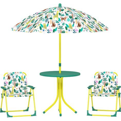 Ensemble Salon de Jardin Extérieur Enfant avec 2 Chaises Pliantes et Parasol, Thème Jungle, pour Jardin, Terrasse, Vert (1/5)