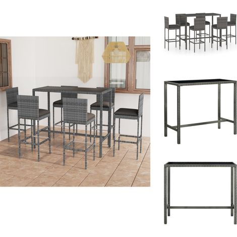 Ensemble de bar de jardin 7 pcs et coussins Résine tressée Gris - Ensemble Salon De Jardin - Mobilier De Jardin - Set De Bar Extérieur - Table Basse Extérieure - Chaises Pliantes (1/5)
