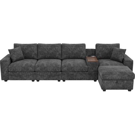 Canapé modulaire- 5 places,avec ottoman,rangements,porte-gobelets,coussins inclus,port USB,chenille,support telephone- Gris (1/5)