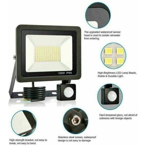 100-W-LED-Außenstrahler mit Bewegungsmelder, IP65 wasserdicht, 60.000 lm, kaltweißes Licht für Garten, Garage, Sportplätze