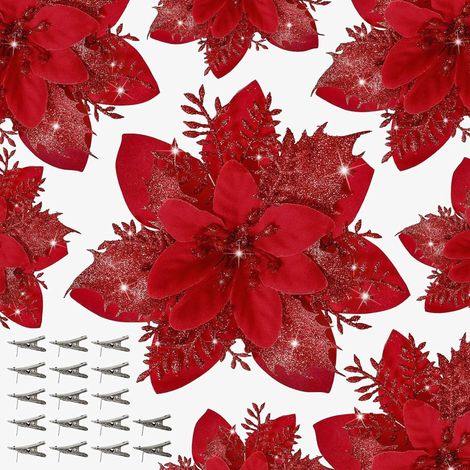 15 Stück künstliche Weihnachtssterne mit Klammern, glitzernde Deko-Sterne für Weihnachtsbaum, Kranz, Zuhause & Party
