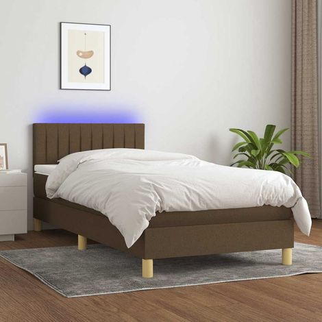 Cama box spring con colchón LED tela marrón oscuro 100x200 cm (1/5)