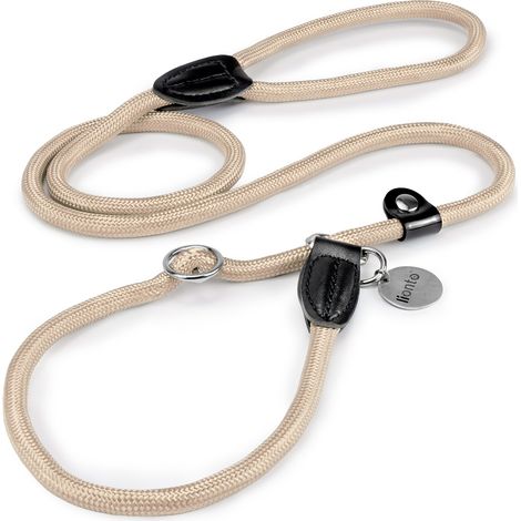 lionto Retrieverleine, sicher, stylisch & vegan, mit Zugbegrenzung & Stopper für sanftes Hundetraining, 120 cm, beige