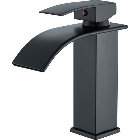 Single-lever basin mixer tap for hot and cold water, modern basin mixer tap, black, waterfall spout (1/5)