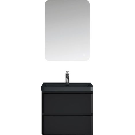 Mai & Mai Mobile Bagno Sospeso 60x42x50cm con Lavabo in Marmo fuso, Mobiletto da Bagno con 2 Cassetti di Chiusura Soft-close, Mobile sospeso Lavandino Bagno Nero opaco, Lucca (1/5)