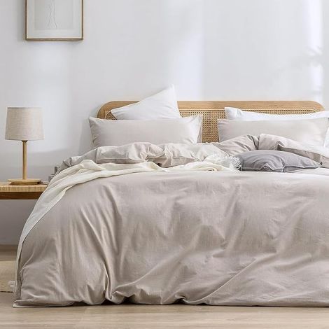 Coton Sets de Housse de Couette 220x240cm Beige Lin Couleur Parure de Lit Plissé Coton Adulte 2 Personnes Moderne Doux Linge de Lit avec 2Taies d'oreiller 65x65 Fermeture Éclair (1/5)
