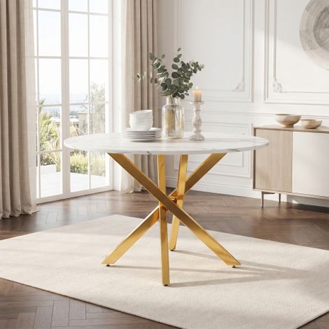 Table de salle à manger ronde (80 x 80 x 75 cm) avec plateau en marbre et pieds dorés. Peut également servir de table basse ou d'appoint. Style minimaliste moderne, dominé par le blanc et l'or. (1/5)