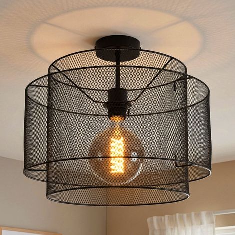 Deckenleuchte Metall Deckenlampe schwarz rund Esszimmer Käfig Lampe Beleuchtung in Gitterform, Fassung 1x E27, DxH 40x35 cm (1/5)