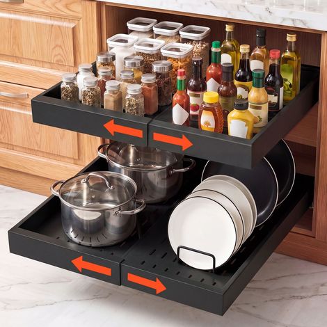 Tiroir Coulissant Cuisine 2PCs Noir Organisateur de Placard Meuble, Rangement Cuisine Salle de Bain Garde-manger, Largeur Extensible 31-48 cm Profondeur 52 cm, Sans Perçage avec Adhésives (1/5)