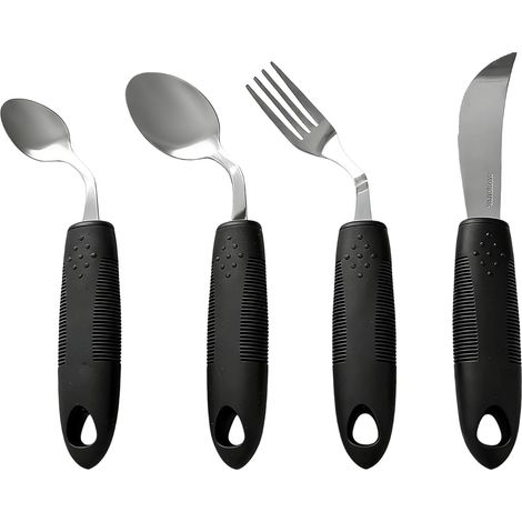 4 Pièces Ensemble De Couverts Adaptés,Set De Couverts Parkinson,Ensemble Couverts Pour Parkinson,Parkinson Couverts Adaptatifs Pour Gauchers,Rhumatismes,Personnes,Handicapées,Noir (1/5)