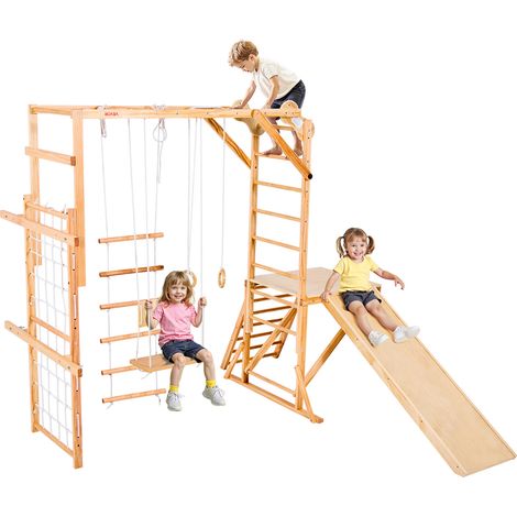VEVOR Aire de Jeux Interieure en Bois 8-en-1, avec Toboggan, Balancoire, Barre de Singe, Anneaux de Gymnastique, Echelle en Bois/Corde, Filet et Barre deEscalade, Structure de Jeux pour Enfants