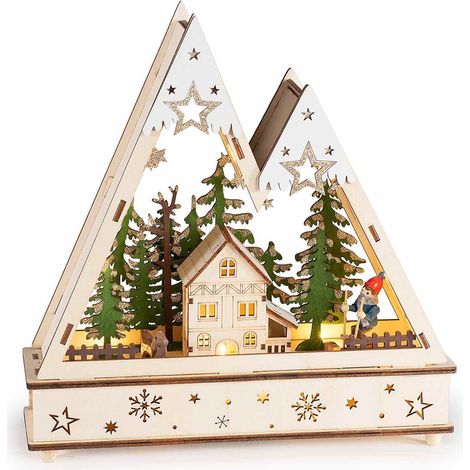Paesaggio Natalizio da Tavolo in Legno Intagliato con Luci Calde - Idea Regalo (1/3)