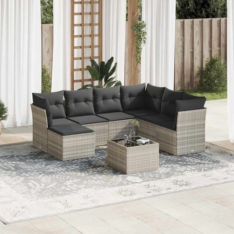 Ensemble de salon de jardin 8 places en résine tressée gris clair avec coussins, 3 sièges centraux, 3 sièges d'angle, table en verre et repose-pieds (1/3)