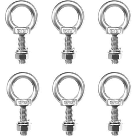 6pcs M8 Eyebolt Round Stainless Steel M8×30mm Eye Bolt with Nuts, Washers, Eyelet Screws for Roller Fixing, Hanging (1/5)