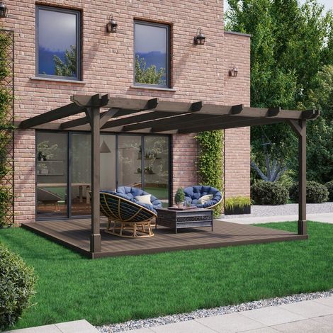 Wall Mounted Double Premium Pergola and Decking Kit - Wood - L420 x W420 x H270 cm - Rustic Brown