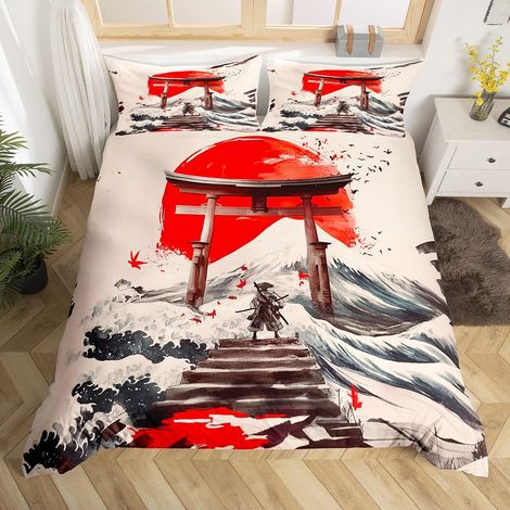 Parure de lit 135 x 200 cm Pour enfants garçons et filles Style japonais Housse de couette douce Samouraï Rouge coucher de soleil Vagues de mer Respirant (1/5)