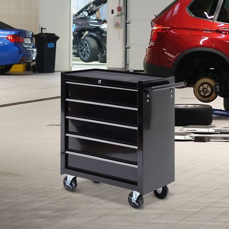 Caja de herramientas, armario para herramientas, con ruedas, 5 cajones, acero, negro
