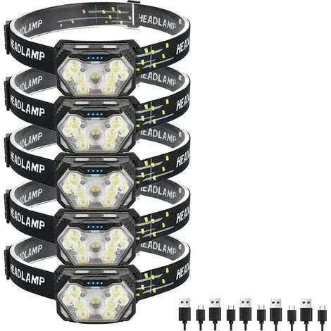 (5 pièces) Lampe frontale portable à 9 LED, puissante, rechargeable par USB, avec détecteur de mouvement, étanche, idéale pour le camping et la pêche. (1/5)