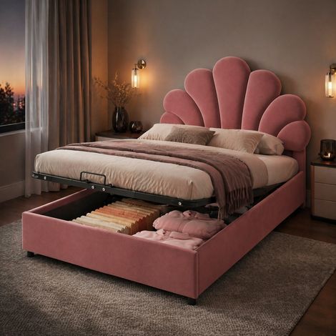 Cama individual infantil 90x200 cm de terciopelo rosa con canapé, sin colchón FloraGrace (1/5)