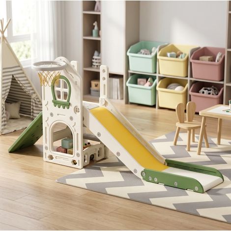 Scivolo per bambini 4 in 1 pieghevole con canestro, bianco crema OKMYHOME (1/5)