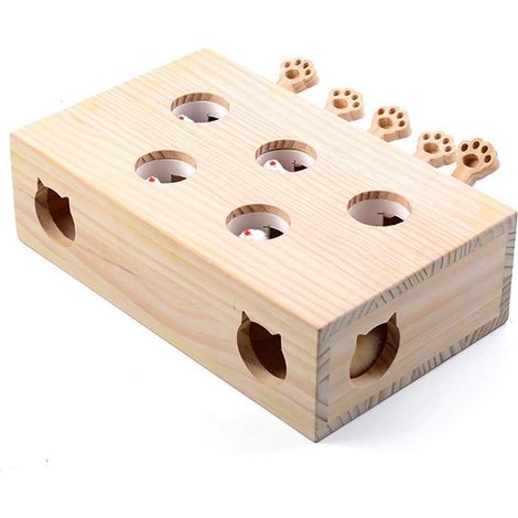 Jouet interactif pour Chat, Bois, Jouet, Taupe Souris, boîte à Puzzle avec Jouets de Dessin animé Mignon pour Chat, Chasse, Jeu, Exercice, gratter - 5 Trous,A (1/5)