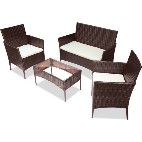 SWANEW Set di mobili da giardino in polyrattan - Set di mobili da balcone con tavolo, divano e 2 sedie - Gruppo di sedute 4 persone marrone con cuscini (1/5)
