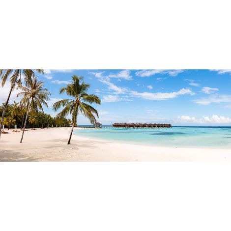Tableau mer turquoise & sable blanc pour salle de bain | Tableau bord de mer pour salon | Tableau sur toile paysage plage Maldives - 1,0 x 0,4 m (1/2)
