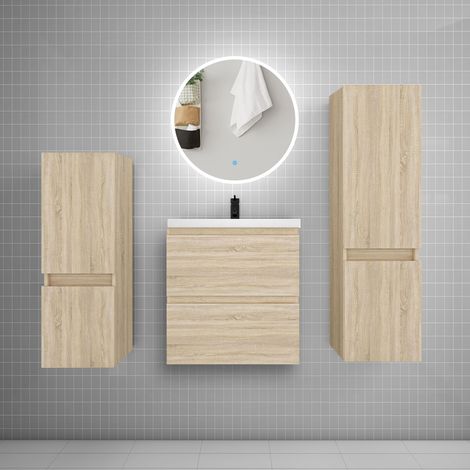 Ensemble meuble vasque L.50cm 2 tiroirs + lavabo + LED miroir rond 60cm + 2colonne,chêne