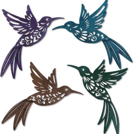 Lot de 4 Décorations Murales en Métal Colibri Sculptures Découpes Style Boho et Rustique Oiseau Décor pour Intérieur & Extérieur, Salon, Chambre, Terrasse et Jardin (coloré) (1/5)