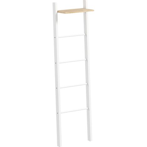 Porte-serviettes blanc et chêne 43x20x151 cm en échelle avec étagère, accessoire salle de bain design sobre pour linge pratique et décoratif