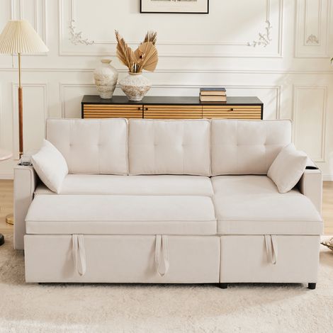 Canapé Lit 211x130cm - Multifonctionnel Convertible - Structure Bois Massif et Métal - Assise à Ressorts Ensachés - Dossier Haut 41cm - Capacité 150kg/Siège - Beige (1/5)