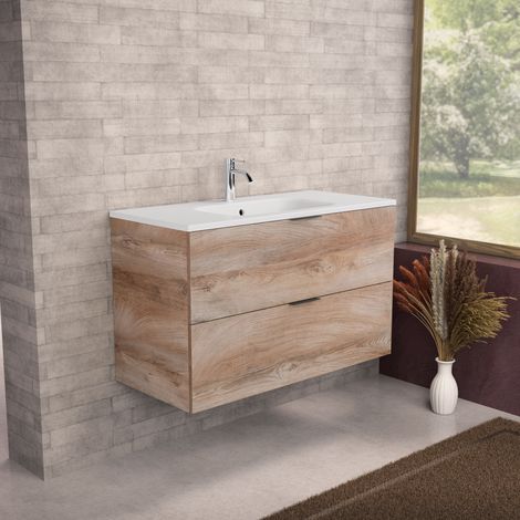 Inda - Badezimmerschrank B.100 mit mattiertem Waschbecken / Natureiche 2 Schubladen - Topazio (1/5)