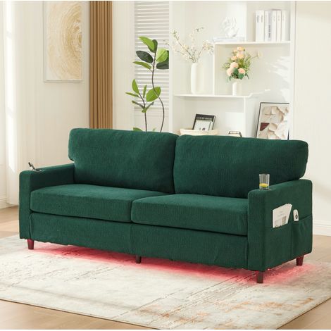 Sofa 2-Sitzer aus Chenille in Smaragd mit USB-C, dimmbarer LED und Getränkehaltern, 203 cm (1/5)