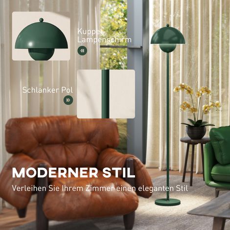 Lampadaire sur pied en acier vert avec abat-jour rond, interrupteur au pied, long câble, design chic, idéal salon
