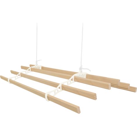 Étendoir de plafond avec système de poulies couleur IVOIRE et 6 lattes en bois de 2,4 m  Capacité de charge de 30 kg  Kit de fixation GRATUIT  Étendoir suspendu pour sécher le linge (1/5)