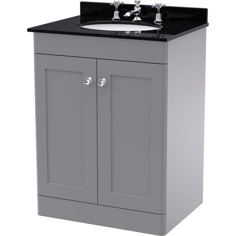 Nuie Classique Satin Grey 600mm 2 Door Vanity Unit with Black Marble Countertop and Round Basin with 3 Tap Holes - CLC225BR3 (1/2)