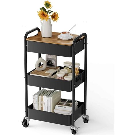 Chariot de Rangement à 3 Niveaux avec roulettes Desserte Meuble Organisation pour Bureau D'atelier et Cuisine Lessive Salle de Bain (Noir) (1/5)