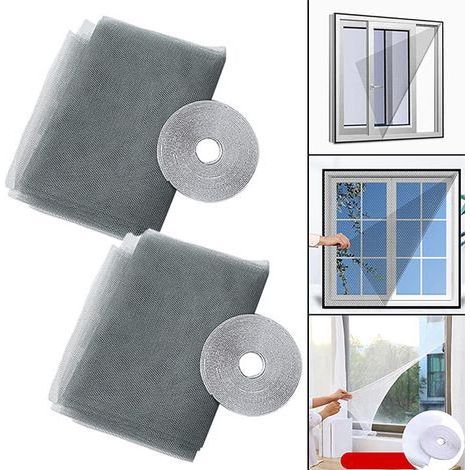 2 Stück Fenster-Moskitonetz, mit 2 selbstklebenden Bändern, 150 x 180 cm selbstklebendes Moskitonetz, schneidbares Fenster-Moskitonetz (grau) (1/5)
