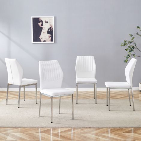 Pack de 4 sillas de comedor para salón y cocina, piel sintética PU y patas estables de metal cromado, blanco y plateado (1/5)