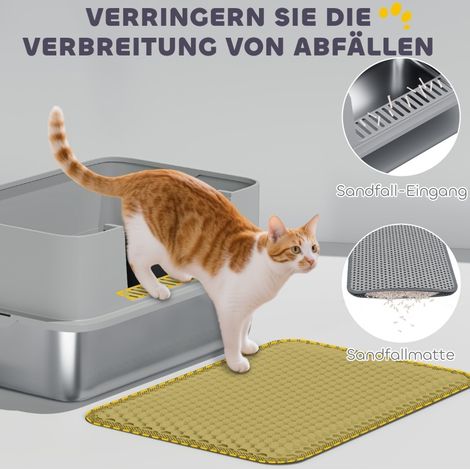 Bac à litière pour chat en acier inoxydable ouvert avec pelle, tapis et rebord haut, 60,2 x 40,2 x 29,5 cm, gris (1/5)