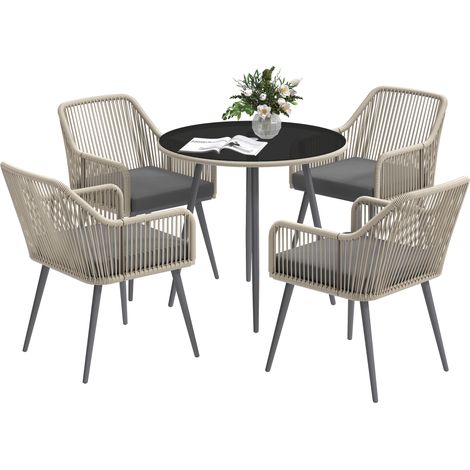 Set sala da pranzo giardino 5 pezzi – Vimino e Acciaio – 4 Sedie con braccioli, Cuscini Lavabili – Tavolo in Vetro con Foro Ombrellone – Marrone