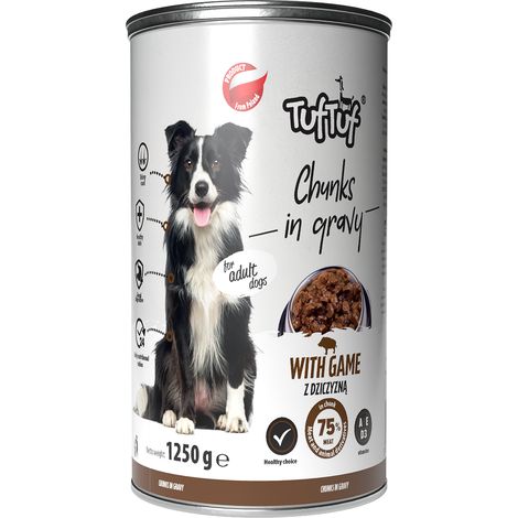 Pâtée pour chien TufTuf Venaison, boîte de 1250 g, morceaux de viande (1/2)