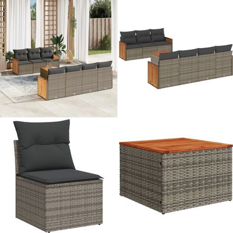 8-tlg. Garten-Sofagarnitur mit Kissen Grau Poly Rattan - Gartensortiment - Gartenmöbelset - Rattan Möbel - Outdoor Möbel - Lounge Set - Home & Living (1/5)
