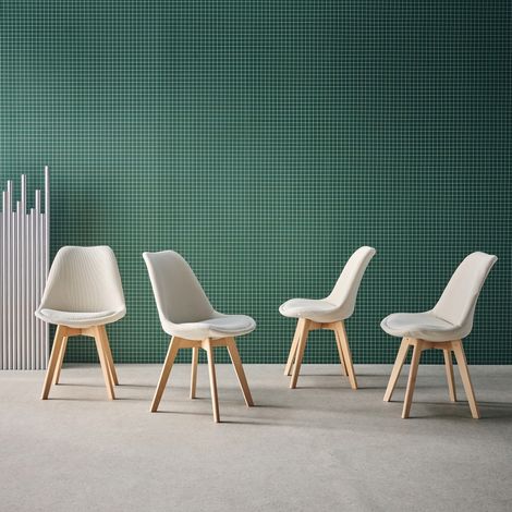 Lot de 4 chaises scandinaves revêtement velours côtelé blanc cassé. pieds bois de hêtre - Nils